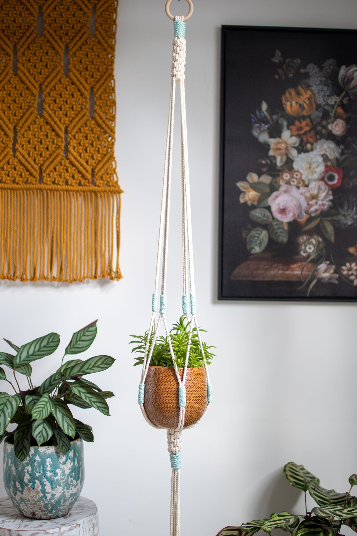 Crown Knot Macrame Plant Hanger - White with blue details - 40&quot; (100cm) in Length