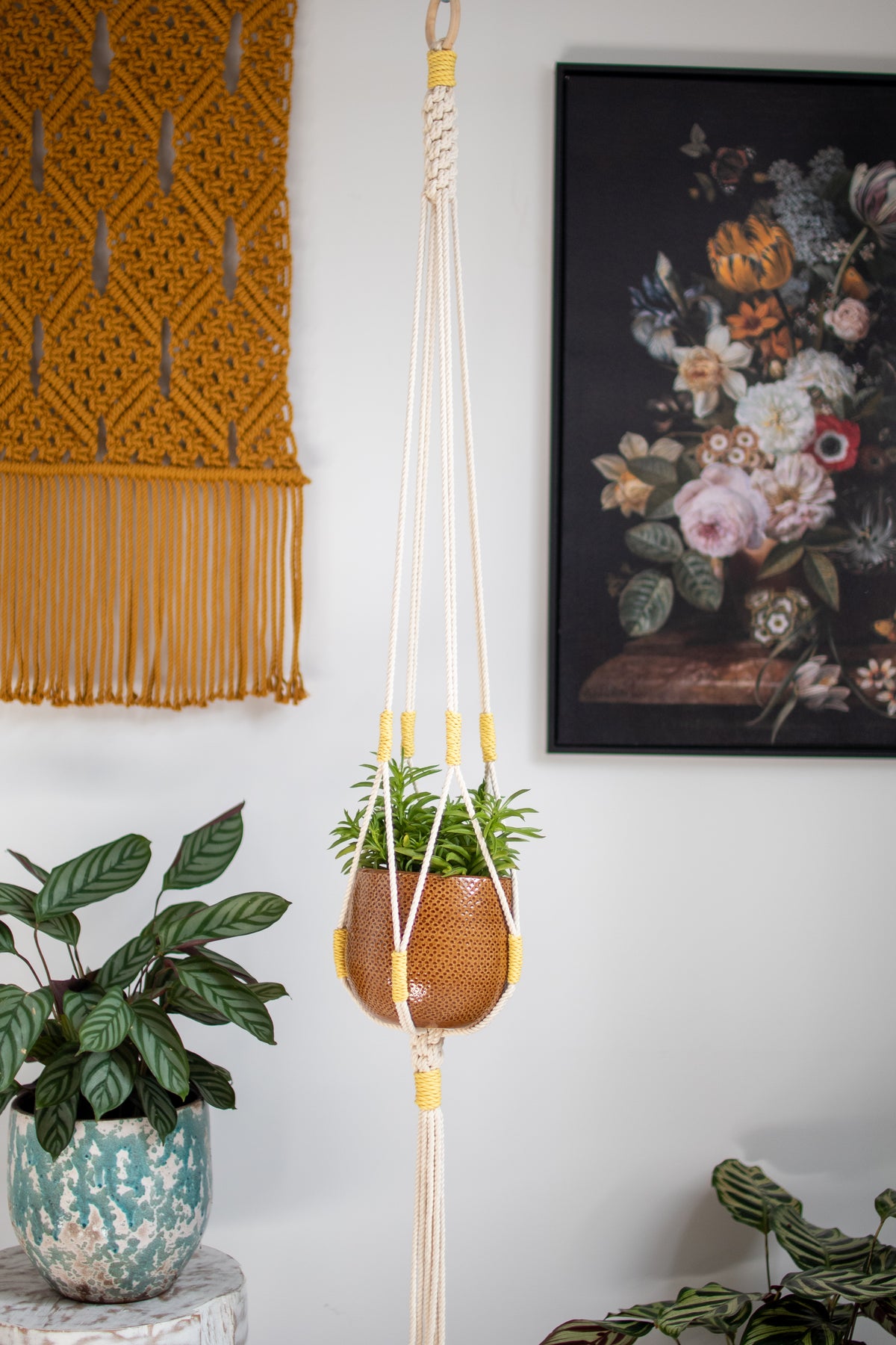 Crown Knot Macrame Plant Hanger - White with blue details - 40&quot; (100cm) in Length