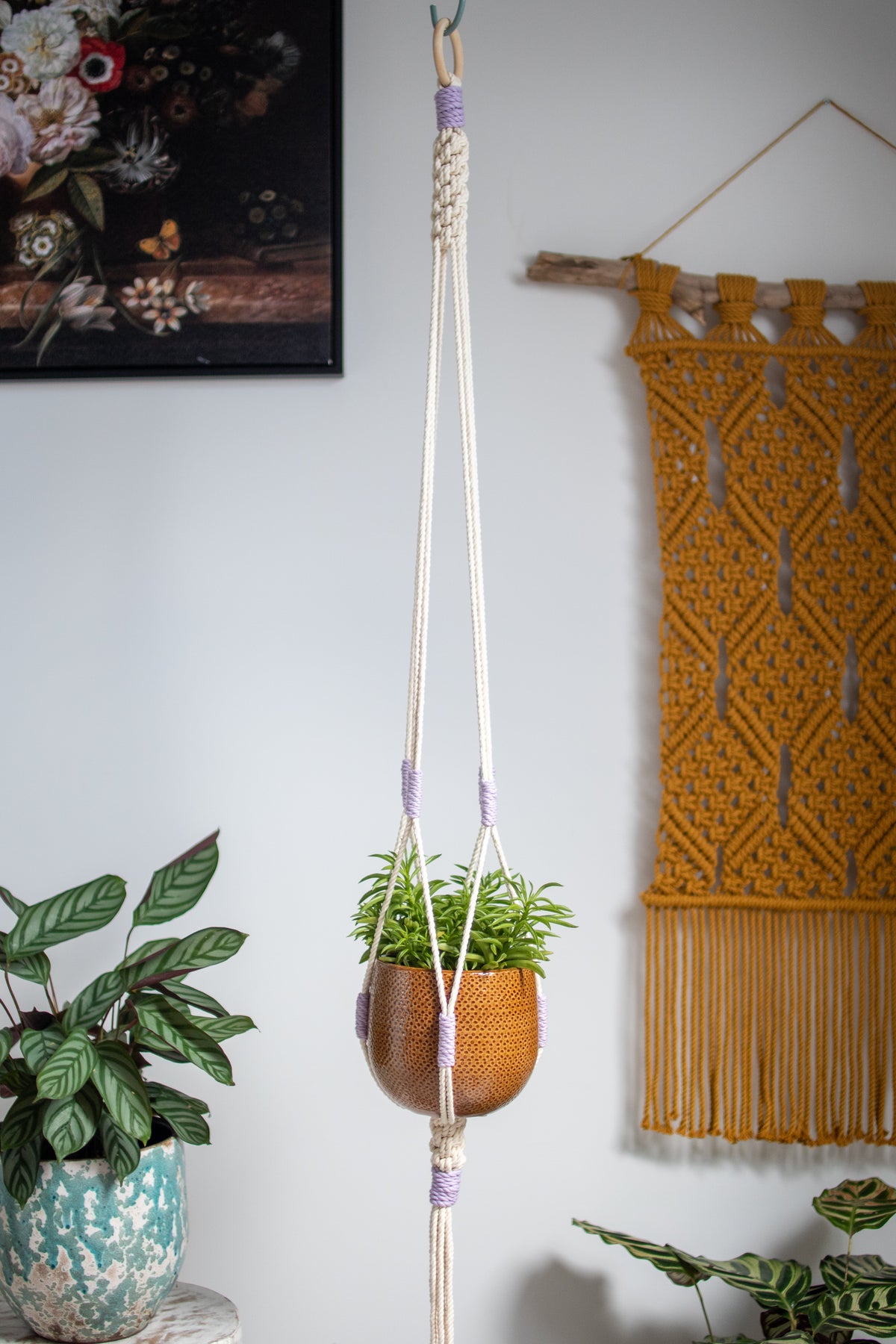 Crown Knot Macrame Plant Hanger - White with blue details - 40&quot; (100cm) in Length