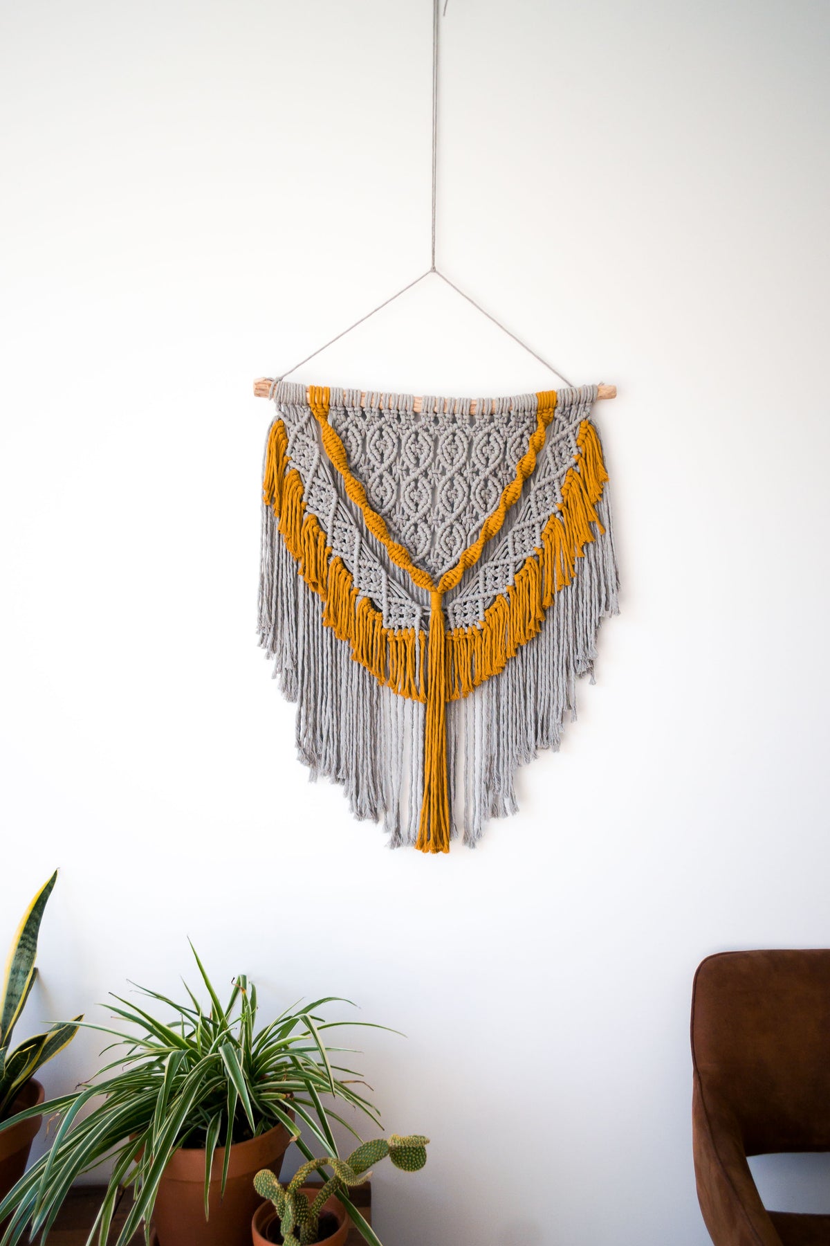 Grey Bohemian Wall Hanging with Mustard Details