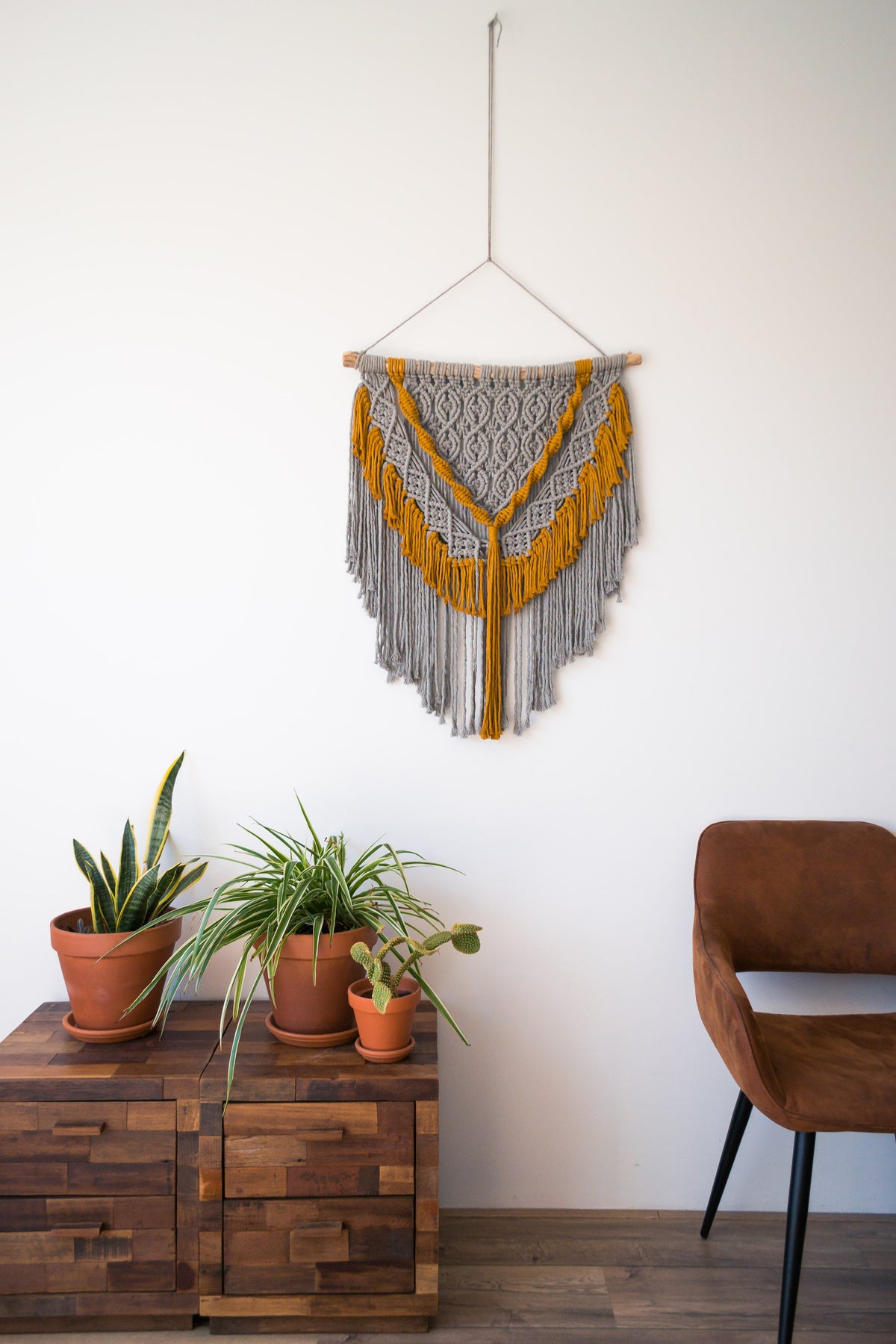 Grey Bohemian Wall Hanging with Mustard Details