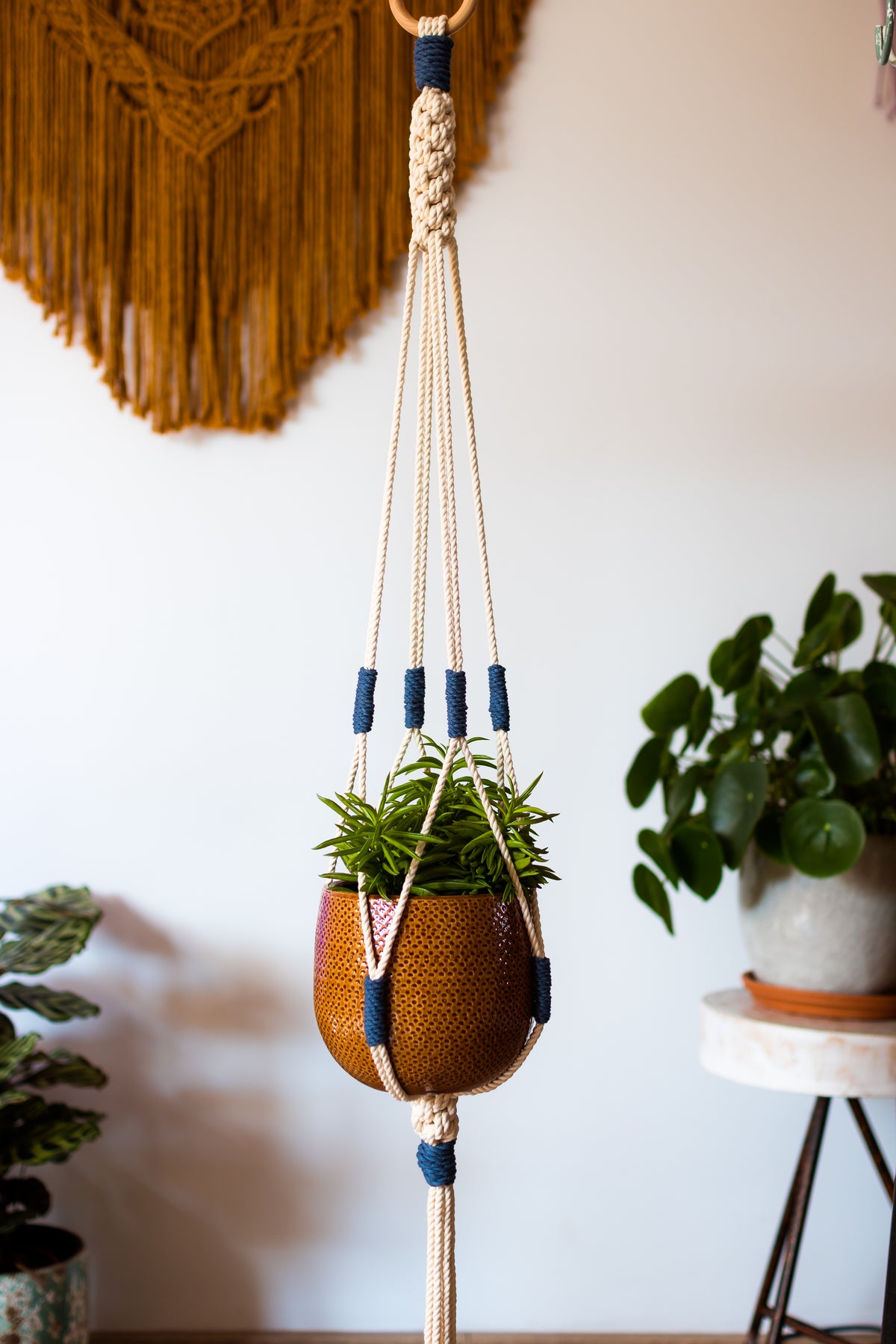 Crown Knot Macrame Plant Hanger - White with blue details - 40&quot; (100cm) in Length