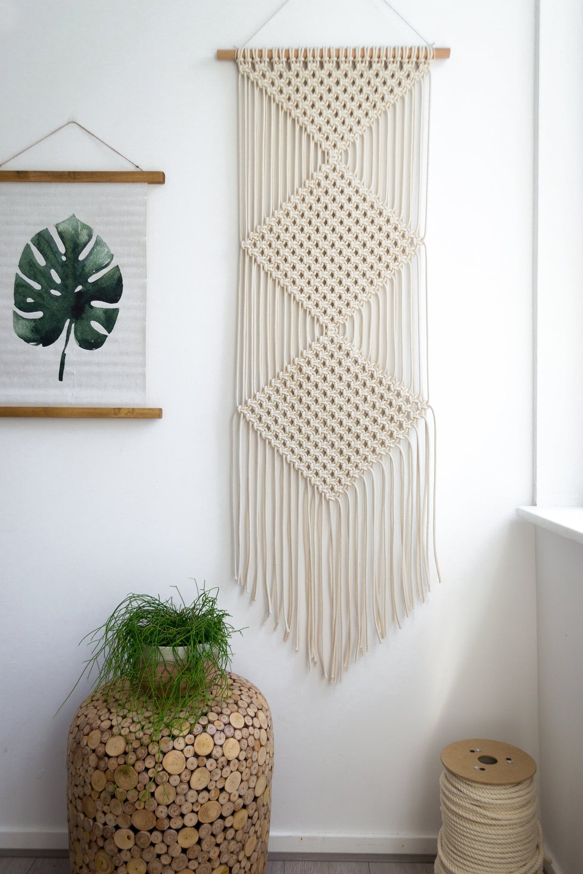 Triple diamond macrame wall hanging