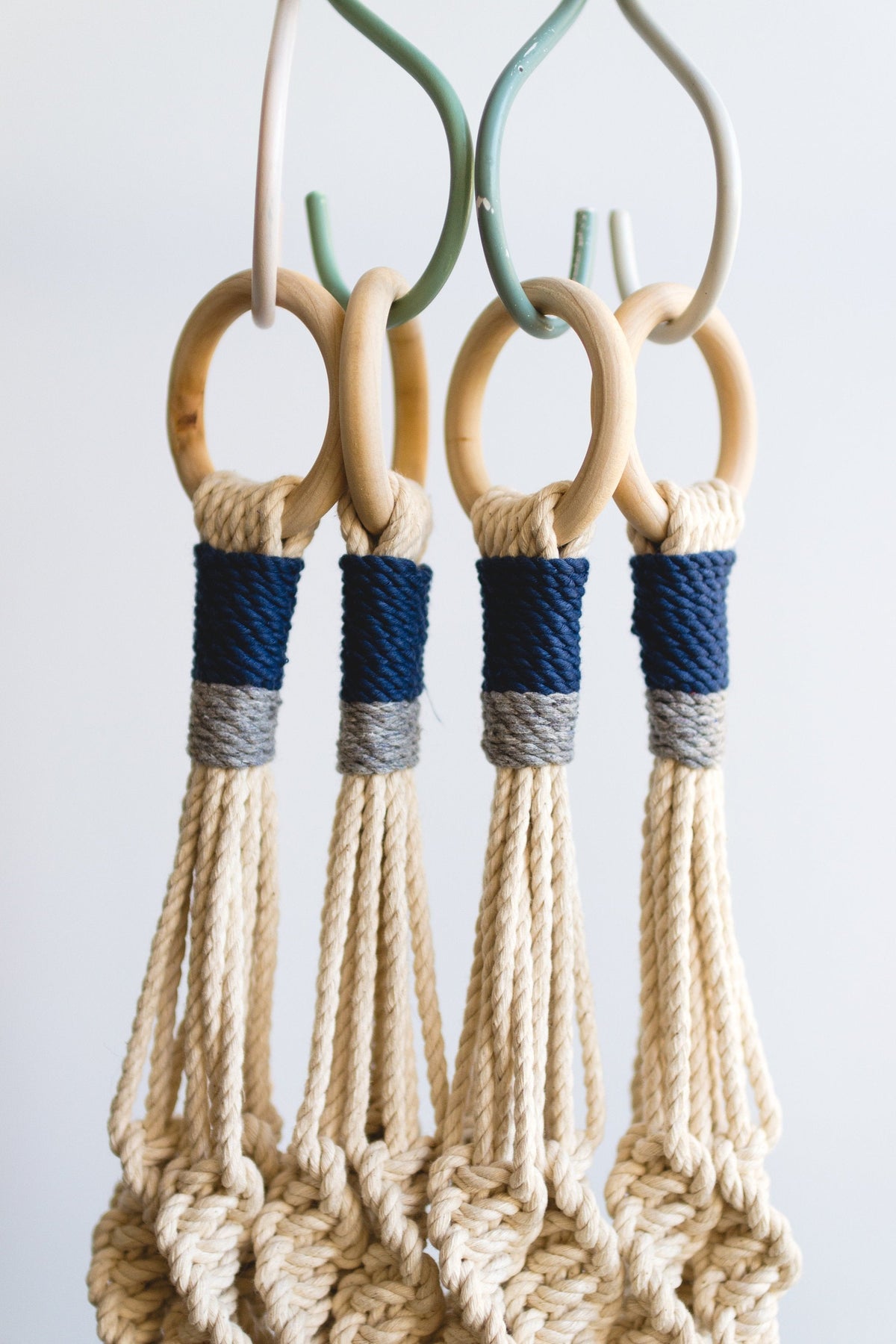 Macrame plant hanger 40&quot; in length with Blue and Gray details.